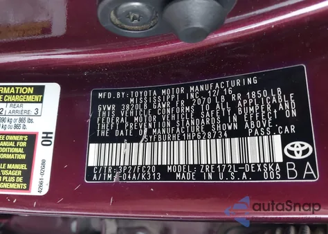 2017 Toyota Corolla Se Special Edition from USA, damaged, VIN 5YFBURHE1HP628734